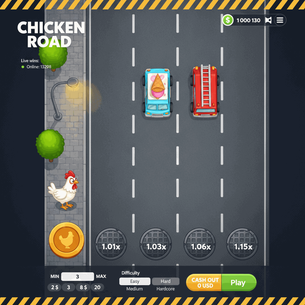 Chicken Road Spielansicht von oben: Ein weißes Cartoon-Hühnchen steht am linken Straßenrand vor einer mehrspurigen grauen Asphaltstraße mit weißen gestrichelten Fahrbahnmarkierungen, bereit die Überquerung zu starten während Multiplikatoren auf runden Kanaldeckeln in den Fahrspuren angezeigt werden