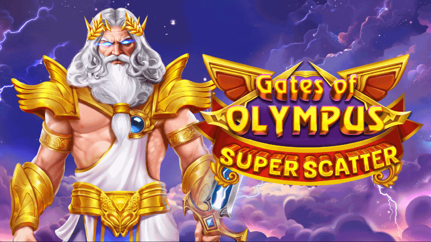 Gates of Olympus Super Scatter: Zeus zwischen goldenen Wolken über dem 6x5 Walzenfeld mit rotem Kugel-Symbol, grünem Globus und dem Super-Scatter-Zeichen